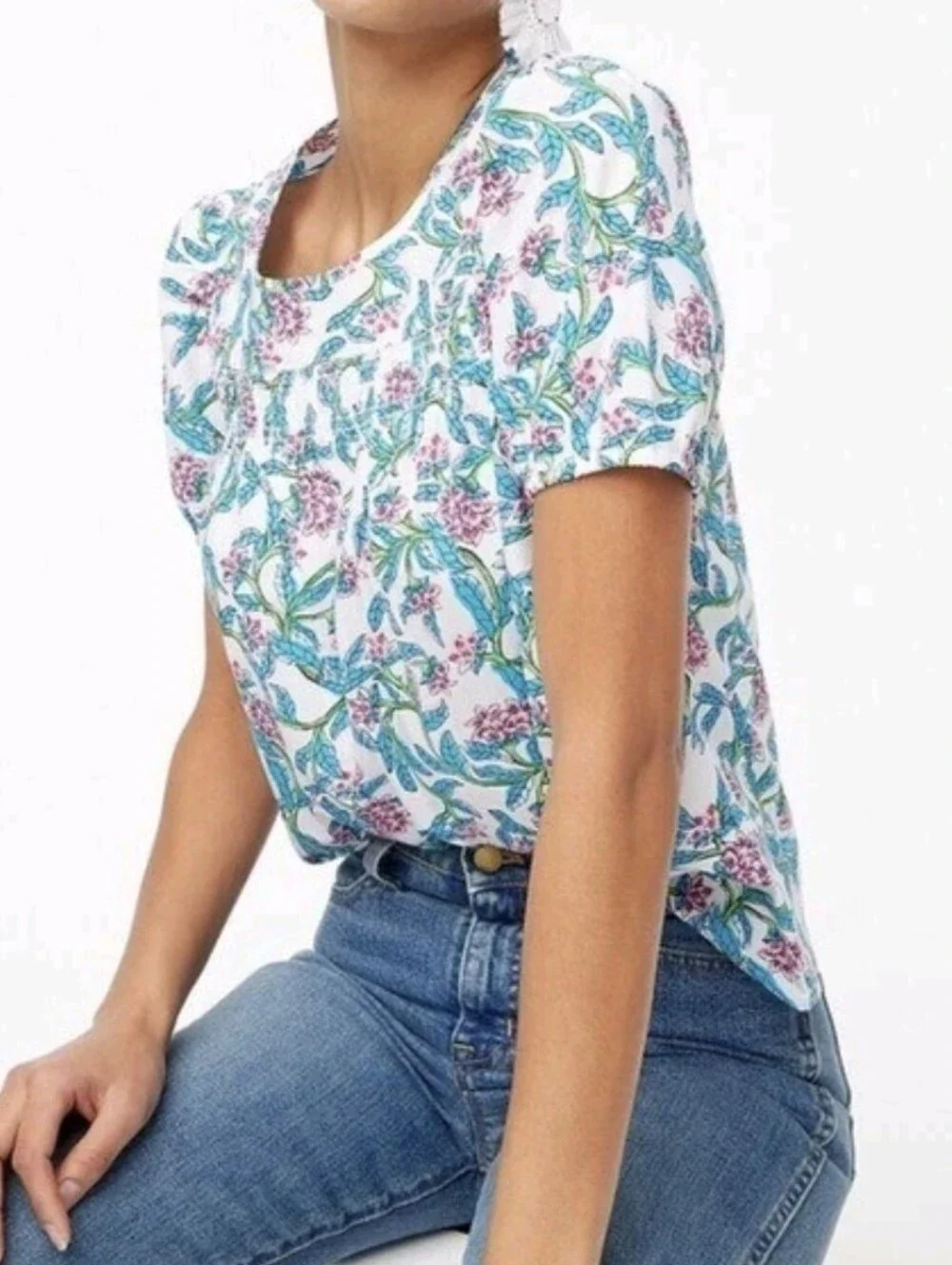 J. Crew BR635 White & Blue Bright Floral Puff Sleeve Blouse Women’s Size Large